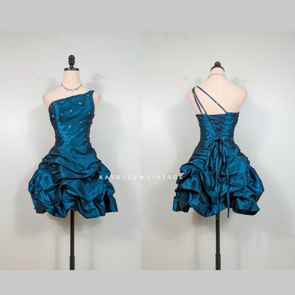 Y2KProm Dress Mini Gown XS Teal Green Corset Hoco Y2K Strapless Glam Bead Sequin